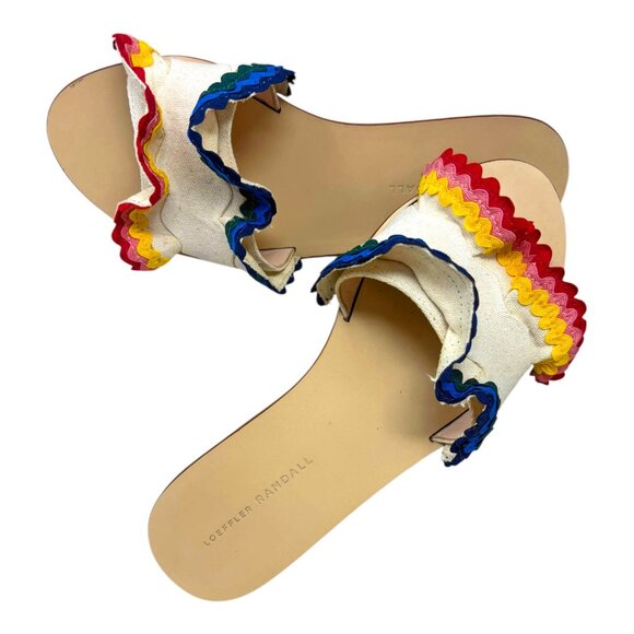 Loeffler‎ Randal Birdie Natural Canvas Ric Rac Ruffle Slides Sandals - Picture 11 of 11